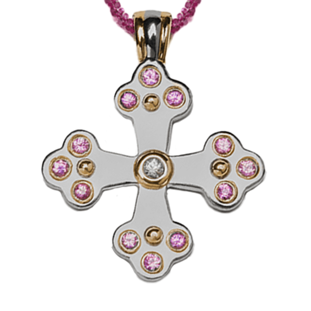 Silver cross pendant with a center gemstone on a white background