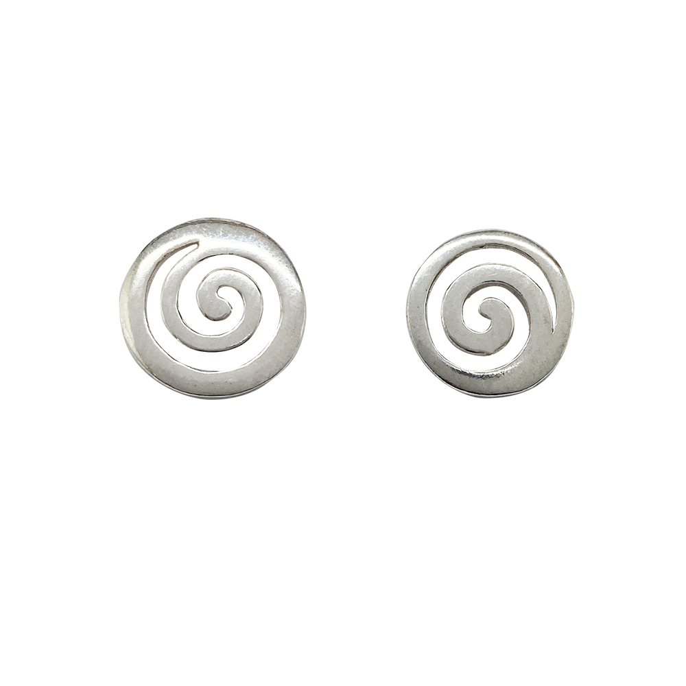 Pair of silver stud earrings with a spiral design cut out from the center of each circular earring.