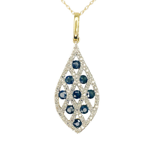 Gold pendant features a pear-shaped design with a swirling pattern of teal sapphires and diamonds.