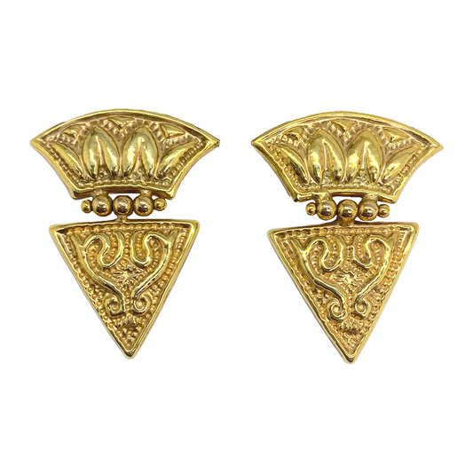 Pair of large, gold, Byzantine-style dangle earrings with a triangular drop featuring intricate, textured details.