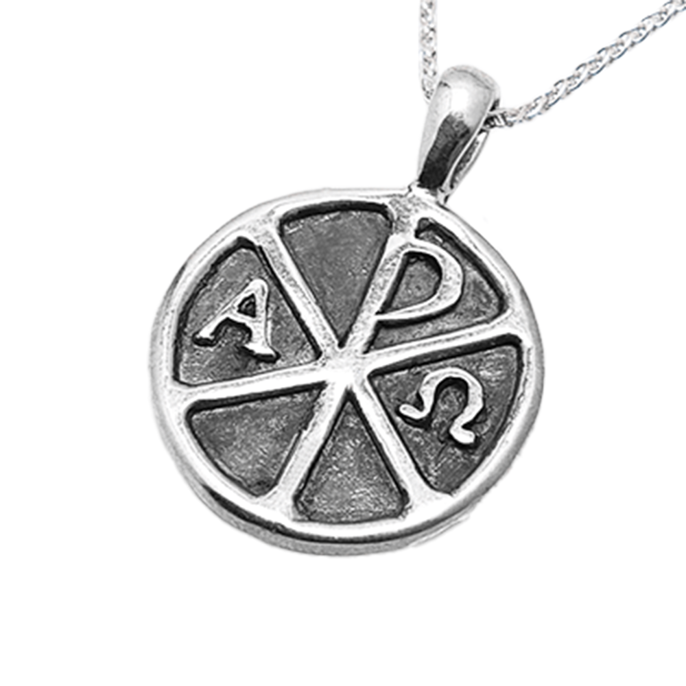 Silver circular pendant featuring the Greek letters