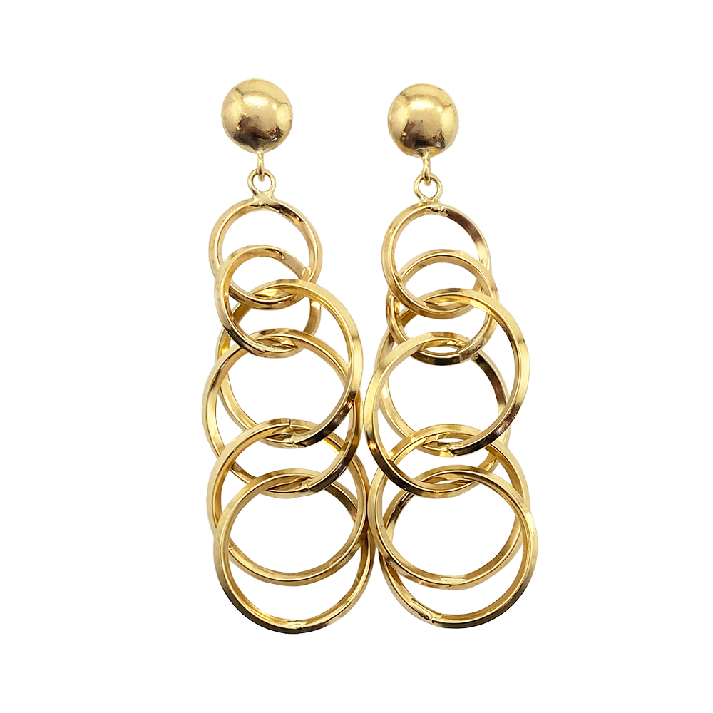 Pair of long, gold drop earrings featuring multiple circles 