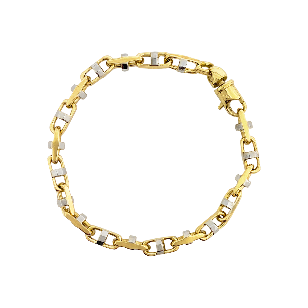 Two-tone gold link bracelet with a polished finish and alternating yellow and white gold links.