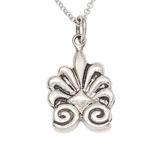 Silver pendant featuring a Greek floral design with swirling motifs and intricate details.