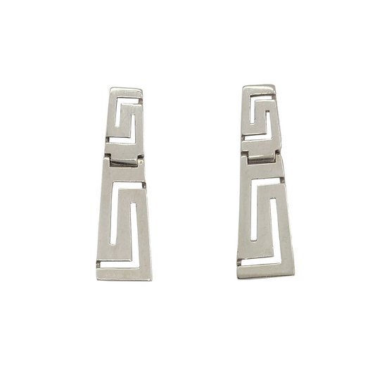 Two silver earrings with a Greek key design