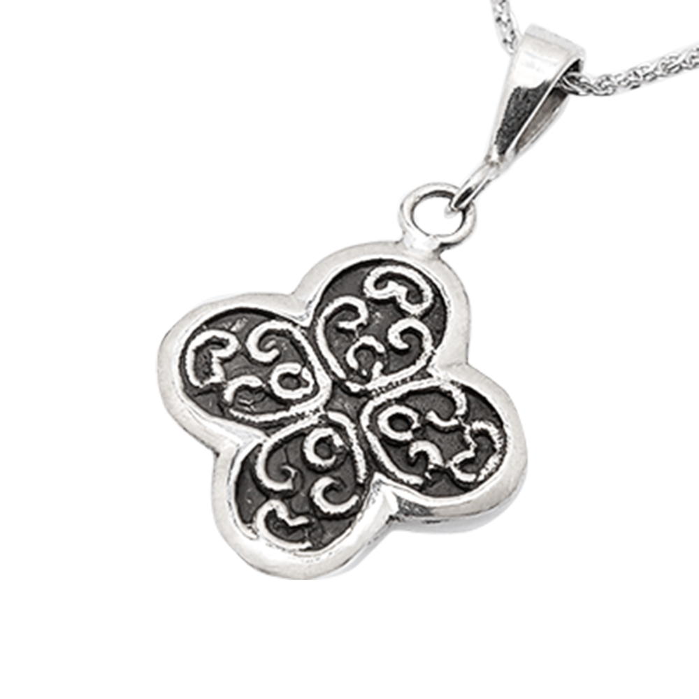 Silver pendant in the shape of a four-leaf clover, featuring intricate Celtic knotwork designs.