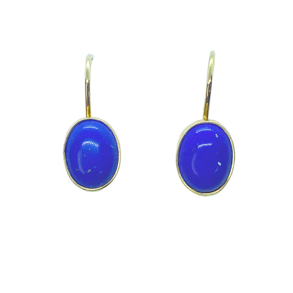 Pair of gold leverback earrings with oval-shaped lapis lazuli gemstones.