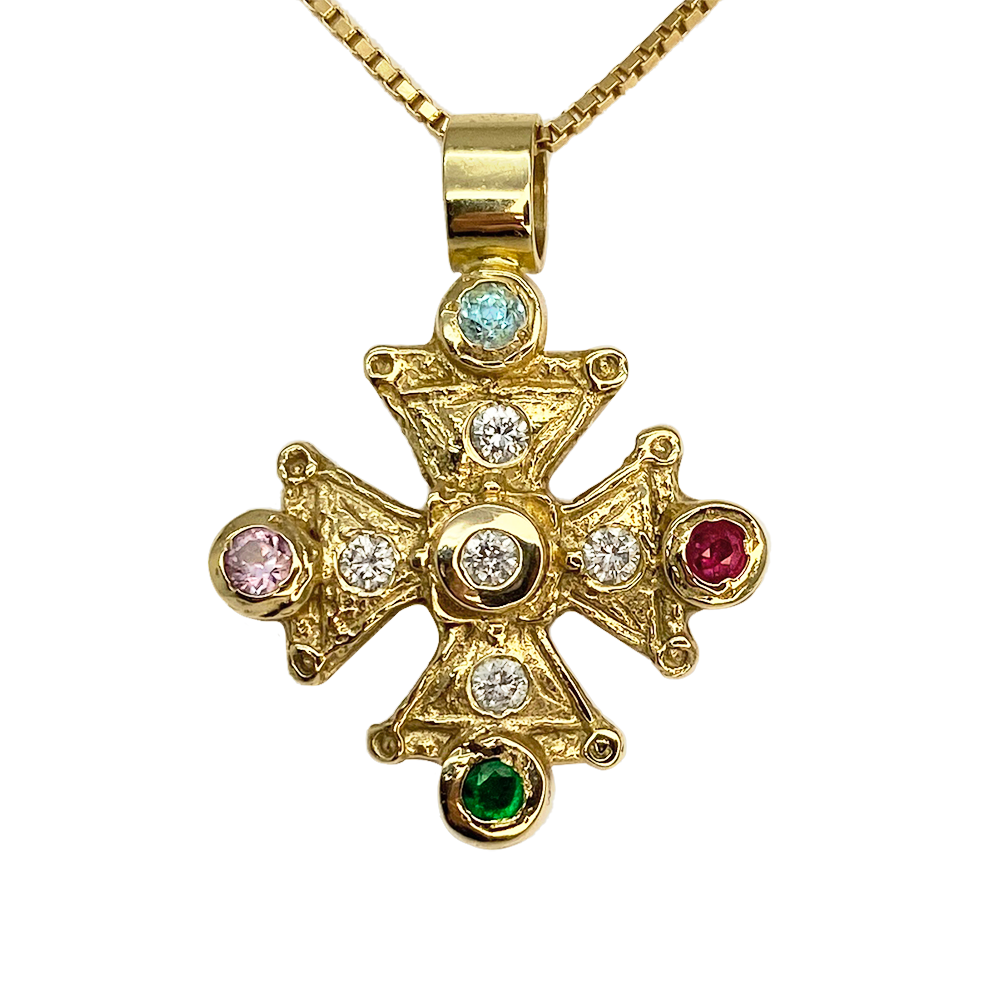 Mary's Byzantine Orthodox Cross - 14kt Yellow Gold  with Family Birthstones & Diamonds