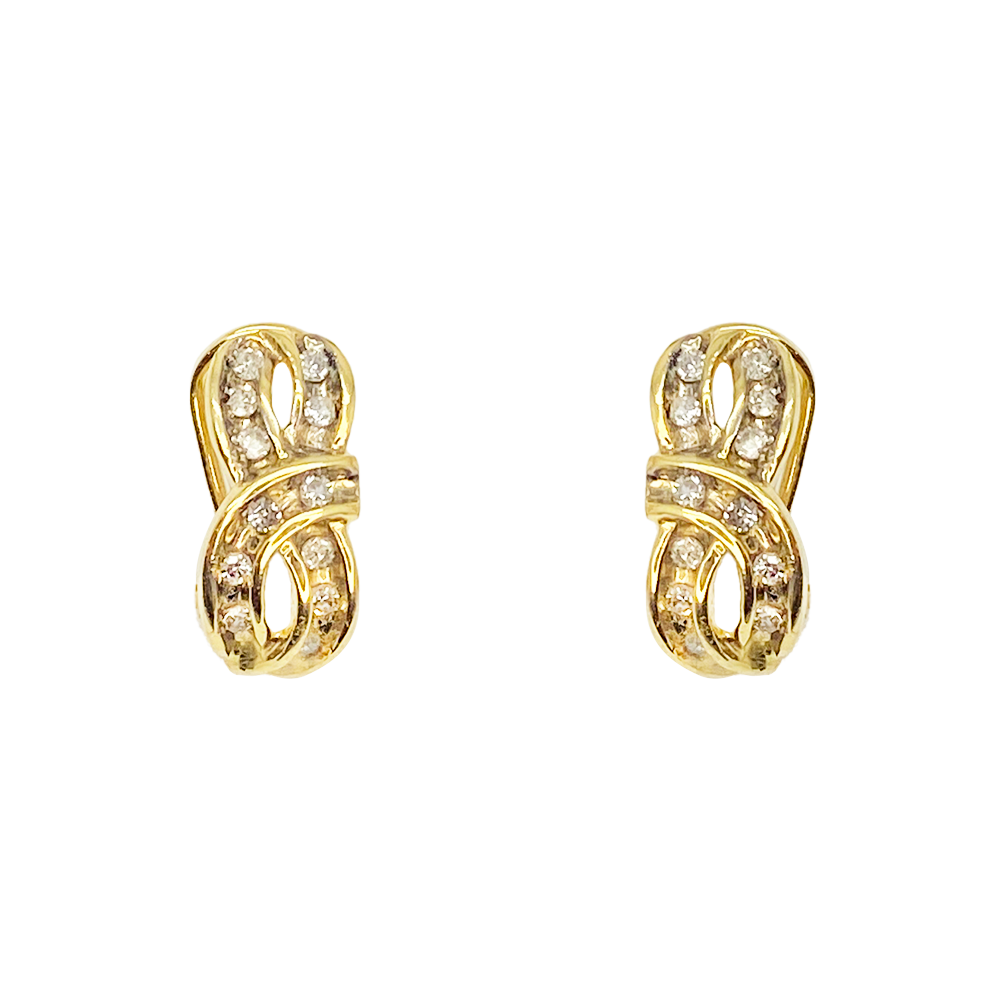 Pair of gold bow-shaped stud earrings with round diamonds set in a continuous line along the bow.