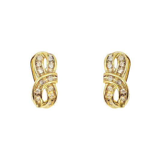 Pair of gold bow-shaped stud earrings with round diamonds set in a continuous line along the bow.