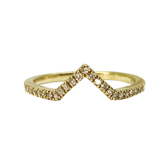 Gold wishbone ring with pave diamonds along the band and chevron-shaped center.