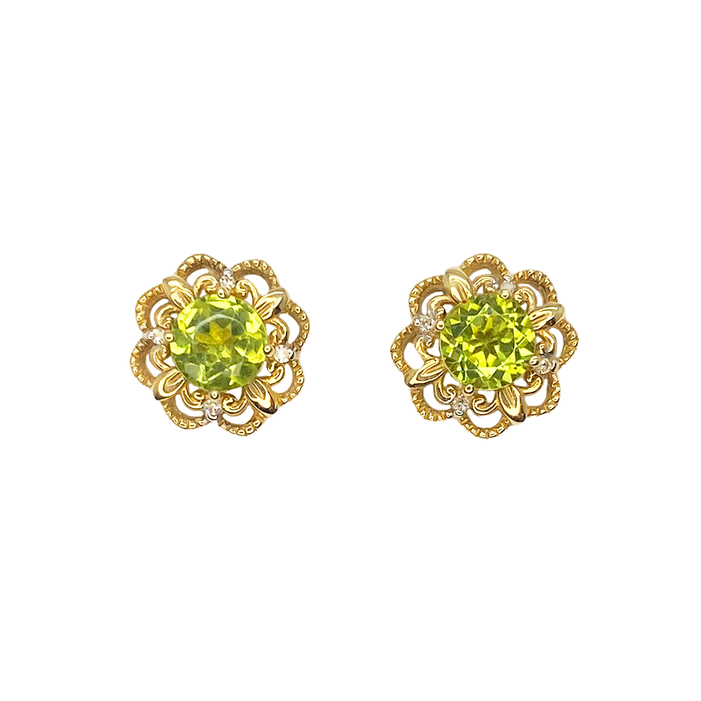 Gold floral stud earrings with round peridot center stones and diamond accents.