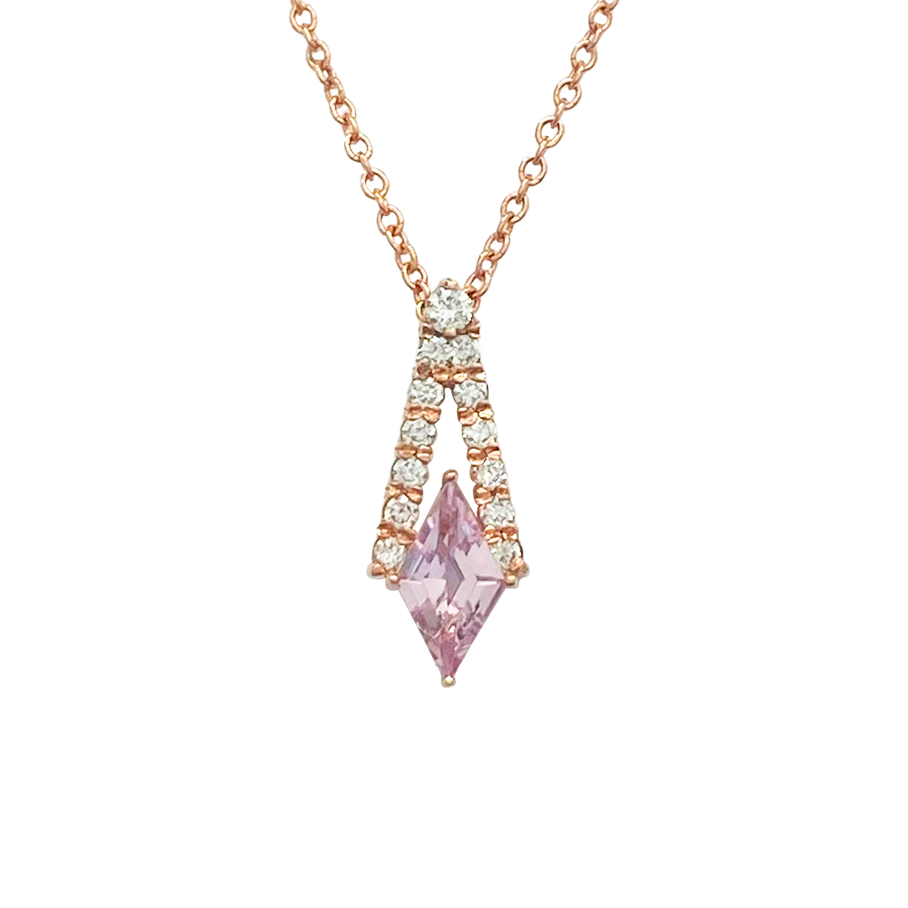 Rose gold pendant necklace with a pink sapphire in the center, surrounded by diamonds and dangling from a delicate chain.