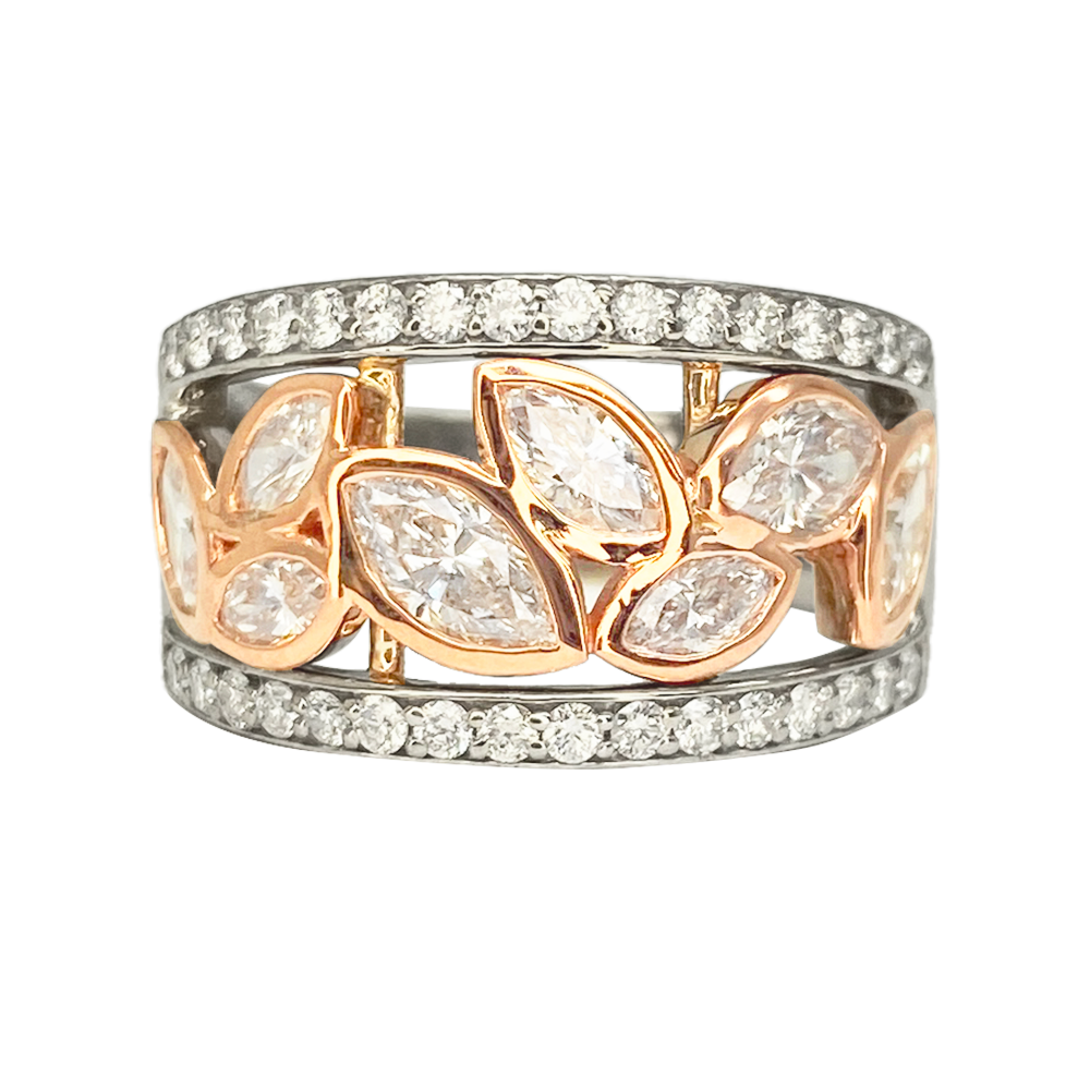 Two-Tone Gold Marquise and Round Diamond Leaf Ring. 