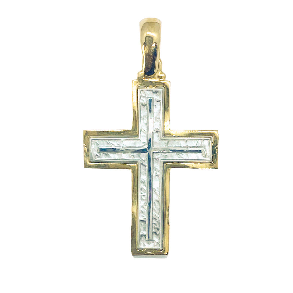 Gold cross pendant on a white background