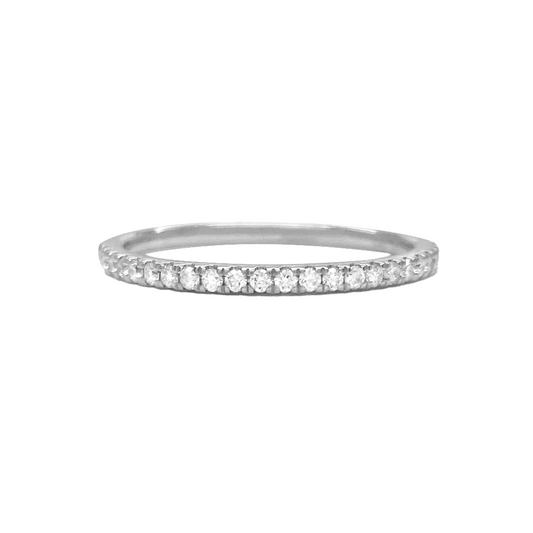 Silver eternity band with round-cut diamonds, on a white background.