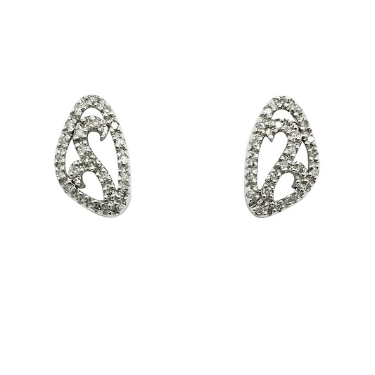 Pair of silver diamond earrings on a white background