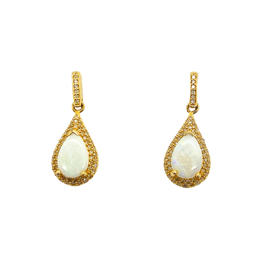 Pair of gold drop earrings with pear-shaped opal gemstones surrounded by a halo of smaller stones.