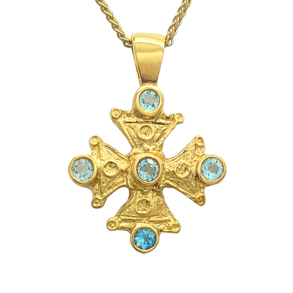 Gold Byzantine Orthodox Cross with Aquamarines.