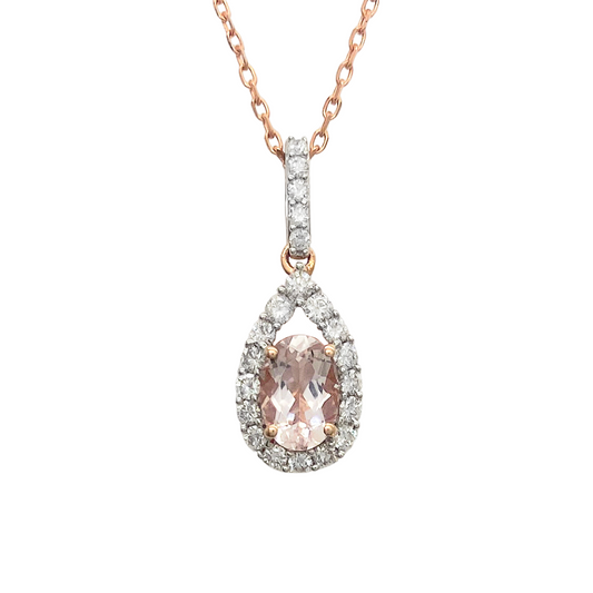 Rose gold necklace with pear shape morganite and diamond pendant