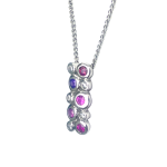  Silver necklace with a pendant featuring a cluster of mixed gemstones, including rubies, sapphires, and diamonds, on a white background