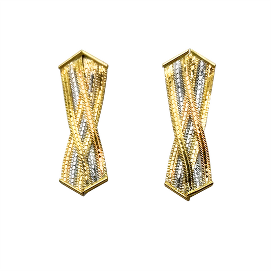 Pair of earrings with a twisted design featuring gold and silver on a white background