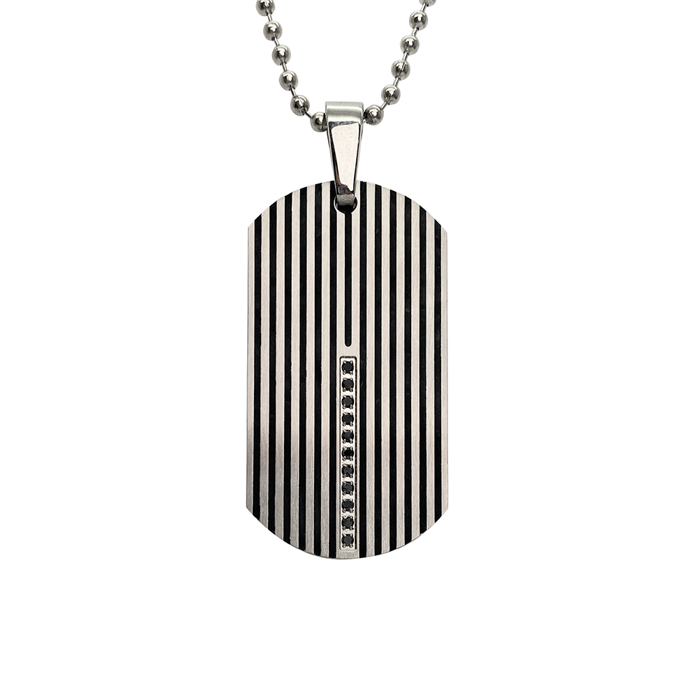 Silver dog tag necklace with vertical stripes and a row of black diamonds 