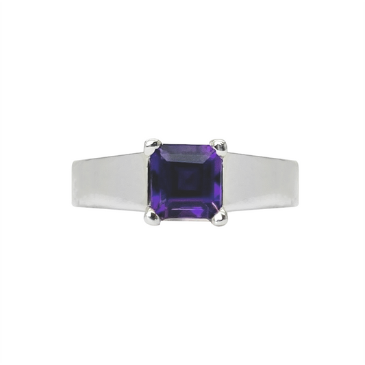 Square amethyst ring with a simple white gold band