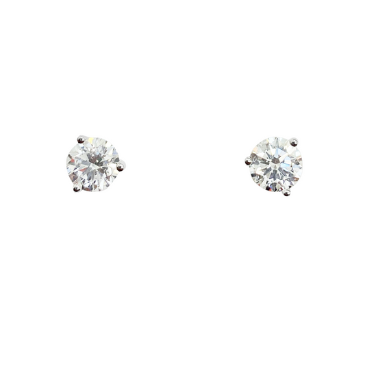 White gold stud earrings with round-cut diamonds, on a white background