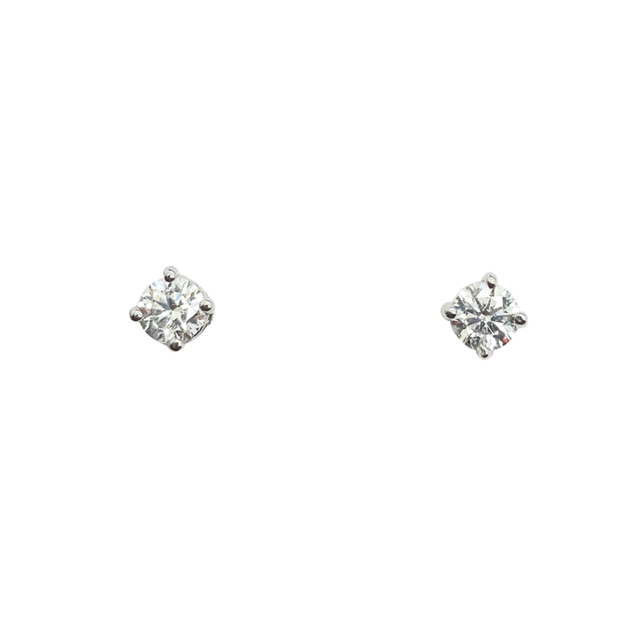 White gold stud earrings with round-cut diamonds, on a white background