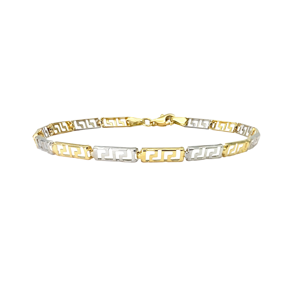 Gold and silver Greek key bracelet on a white background.