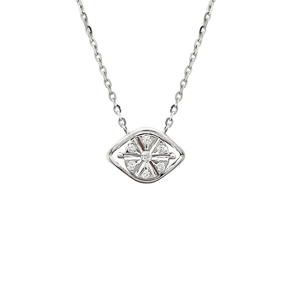 Silver necklace with a diamond eye pendant on a white background.