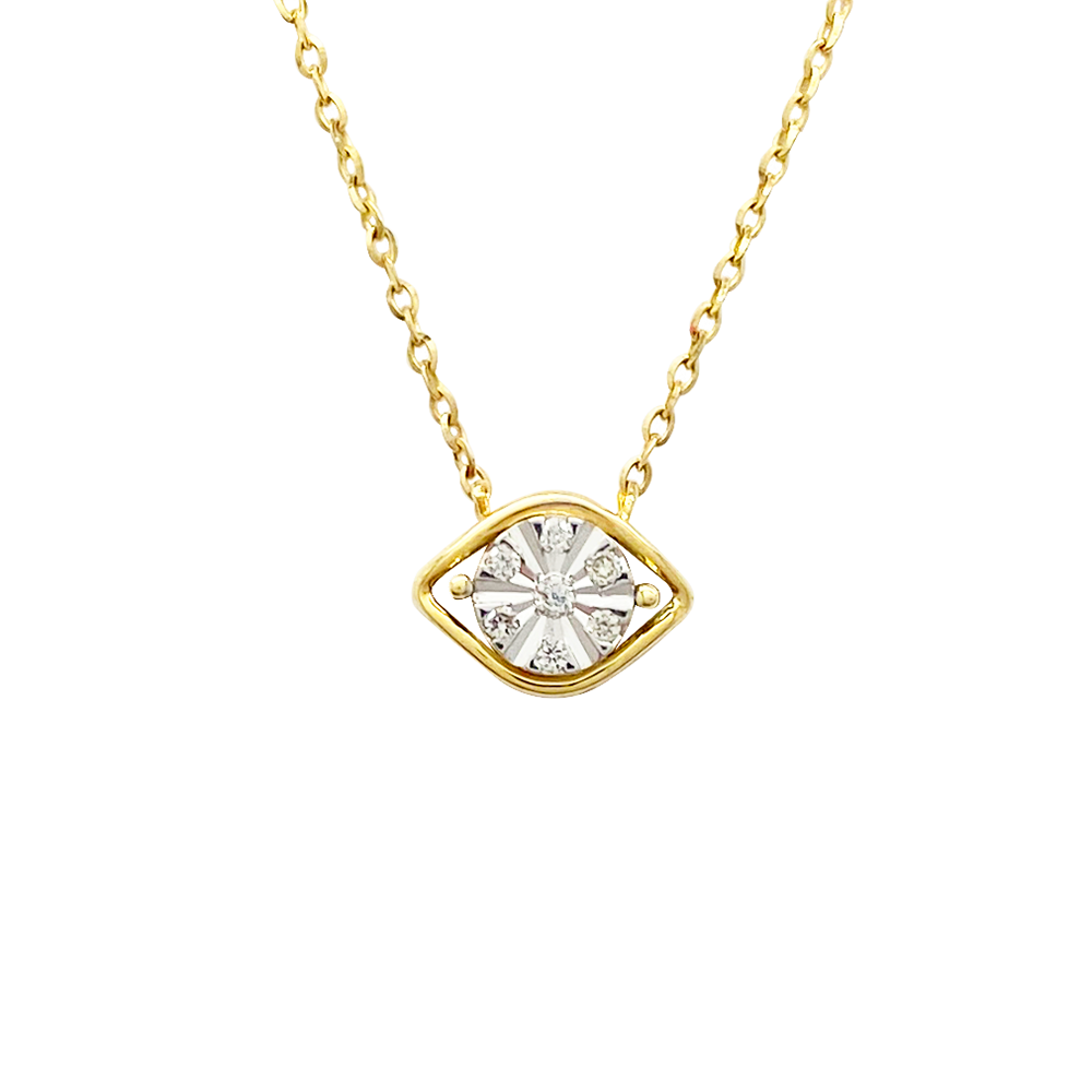 Yellow gold necklace with a diamond eye pendant on a white background.