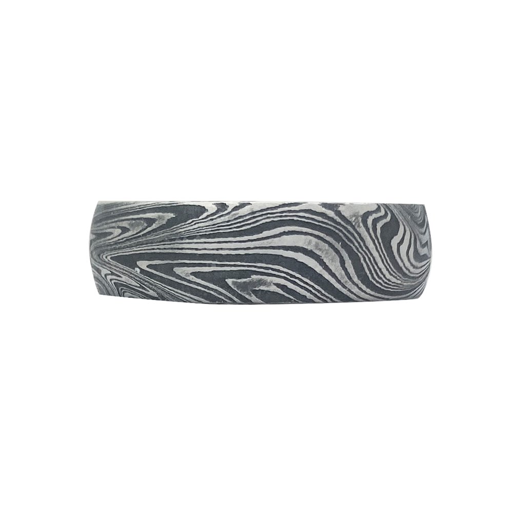 Silver ring with a Damascus steel pattern, on a white background.