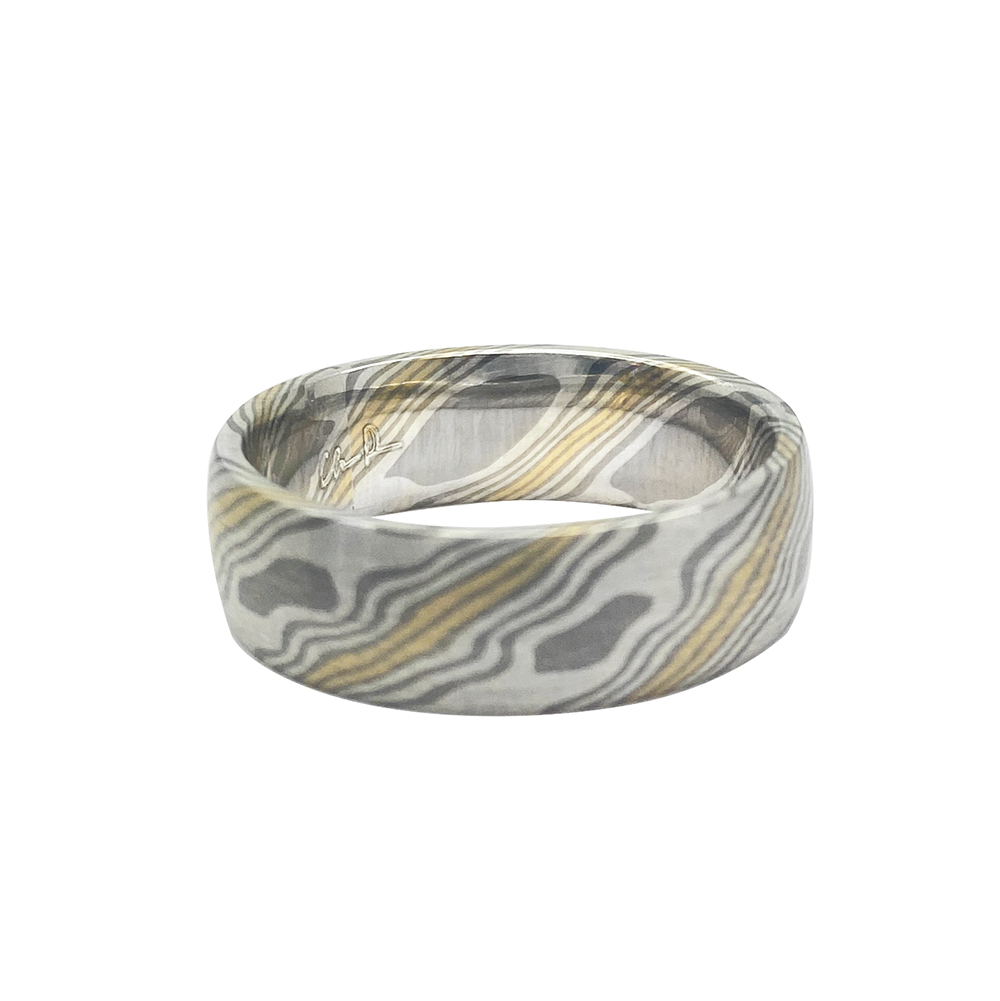 Mokume Gane "Beech" Band, Silver & 18kt Yellow Gold