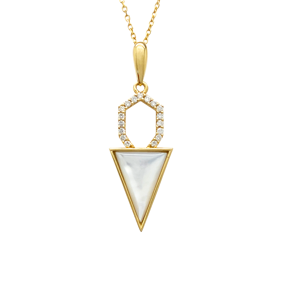 Yellow gold necklace with a geometric pendant featuring a triangle-shaped mother-of-pearl stone and a diamond-studded hexagon, on a white background.