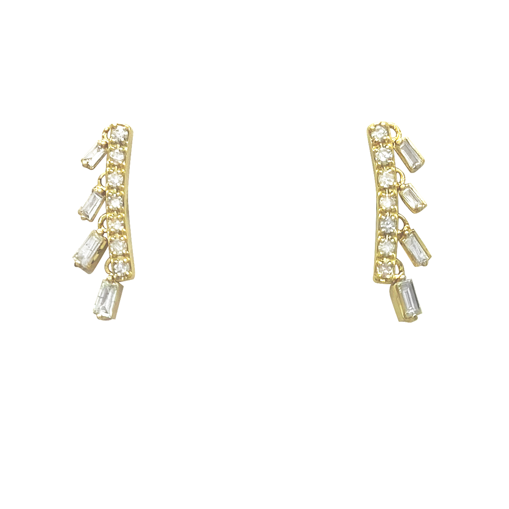 Yellow gold ear crawlers with baguette-cut diamonds, on a white background.