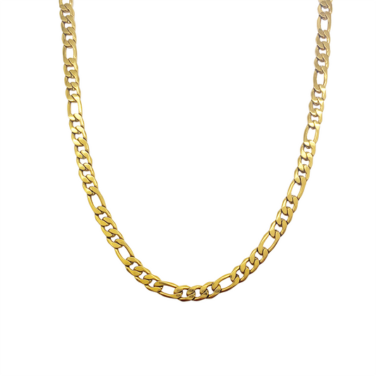 Gold Cuban link chain necklace on a white background.