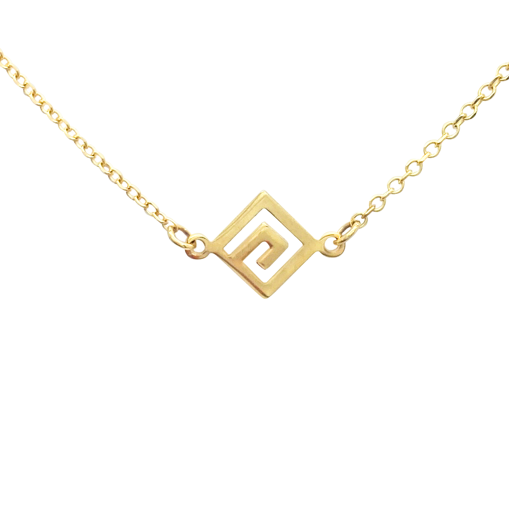 Gold necklace with a diamond-shaped Greek key pendant, on a white background.