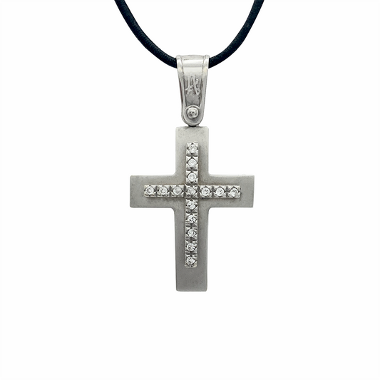 Silver cross pendant with diamond accents on a white background.