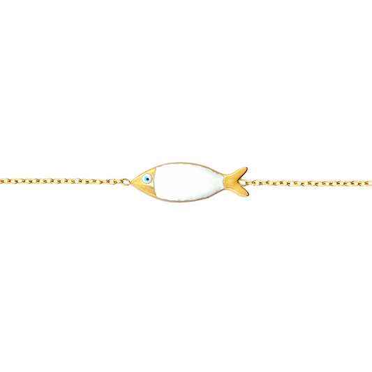 Gold chain bracelet with a white fish charm featuring a blue evil eye on a white background.