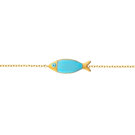 Gold chain bracelet with a turquoise fish charm featuring a blue evil eye on a white background.