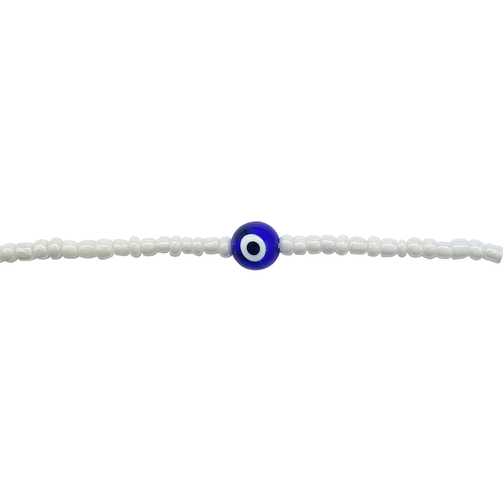 White beaded bracelet with a blue evil eye charm in the center, on a white background.