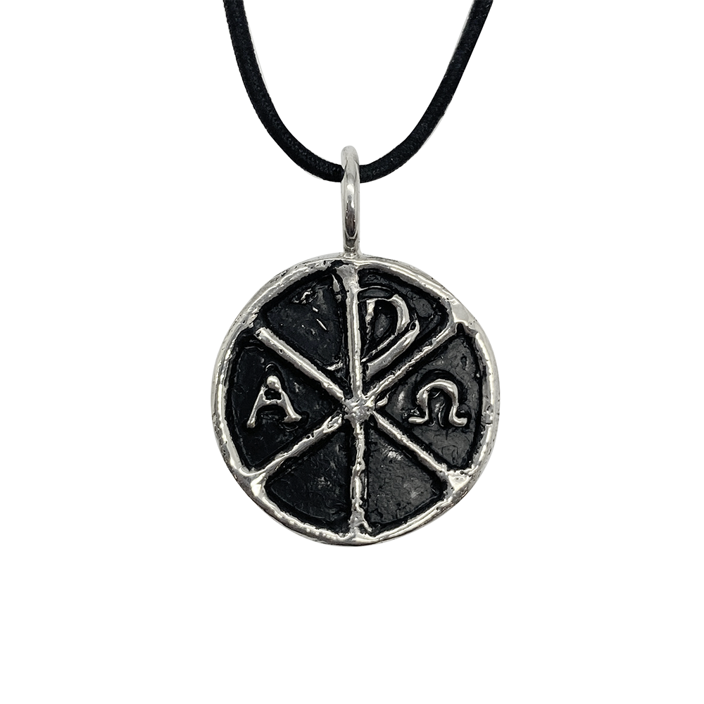 Silver pendant with the Christian Chi Rho symbol and the Greek letters Alpha and Omega on a black leather cord, on a white background.