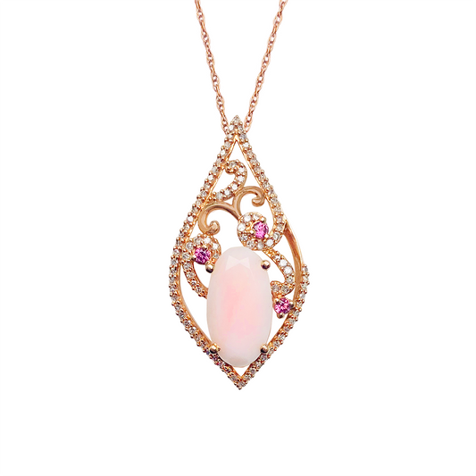 Rose gold necklace with an opal and diamond pendant on a white background.