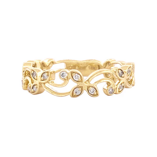  Yellow gold band ring with a floral design featuring diamonds