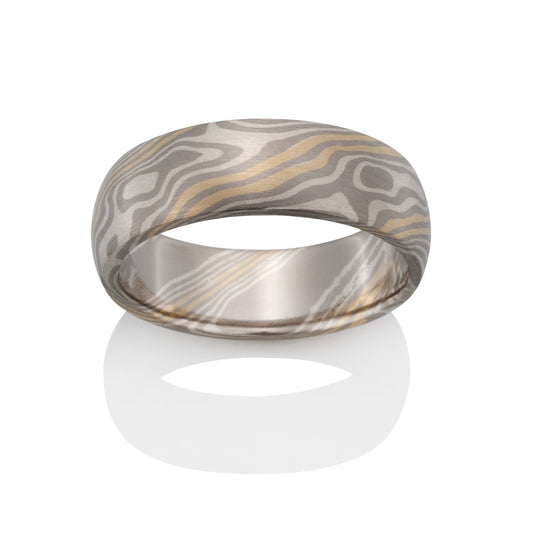 Silver ring with a Damascus steel pattern on a white background.