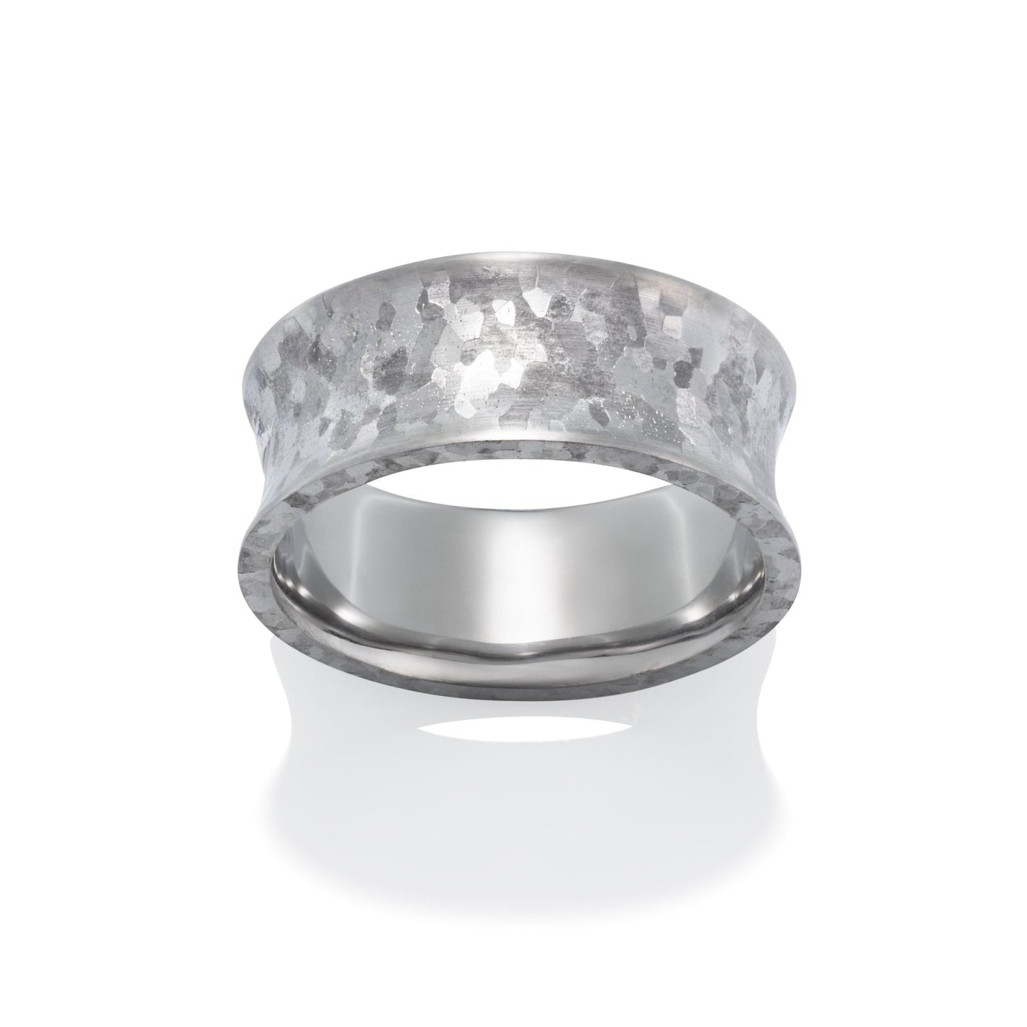 Silver ring with meteorite-like surface on a white background.