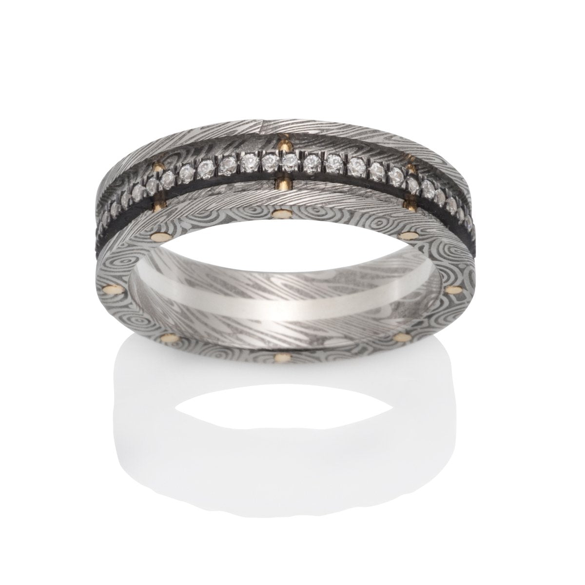 Stainless steel ring with a Damascus steel pattern, diamond accents, and gold detailing on a white background.