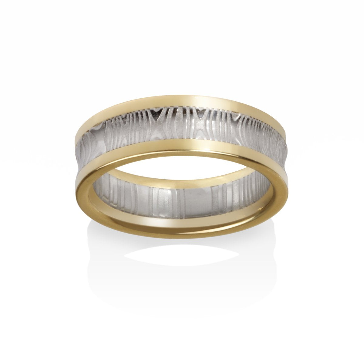 Two-tone gold ring with a textured pattern on a white background.